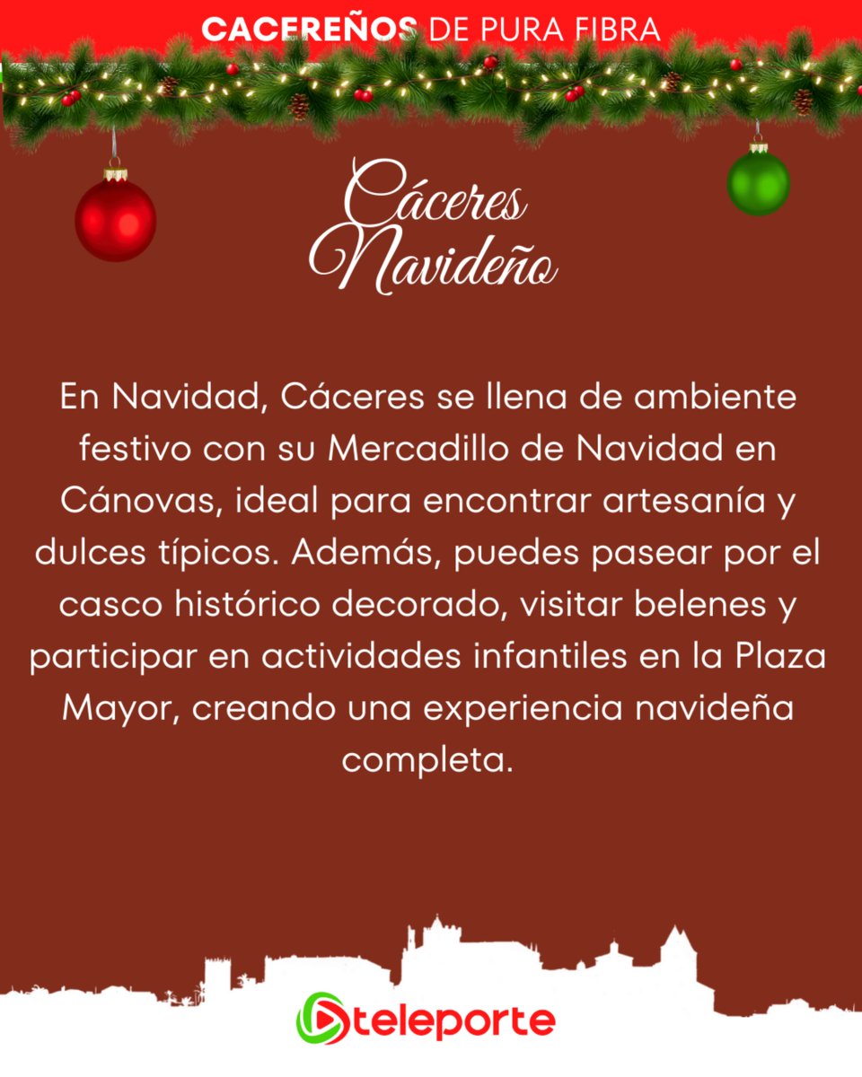 🎄 ¿Buscas plan para Navidad?
Pasea por el casco histórico de Cáceres, visita el mercadillo de Cánovas, belenes y actividades infantiles en la Plaza Mayor.
🎁 ¡Vive una experiencia navideña completa!

#NavidadEnCáceres #CáceresNavideño #PlanesDeNavidad