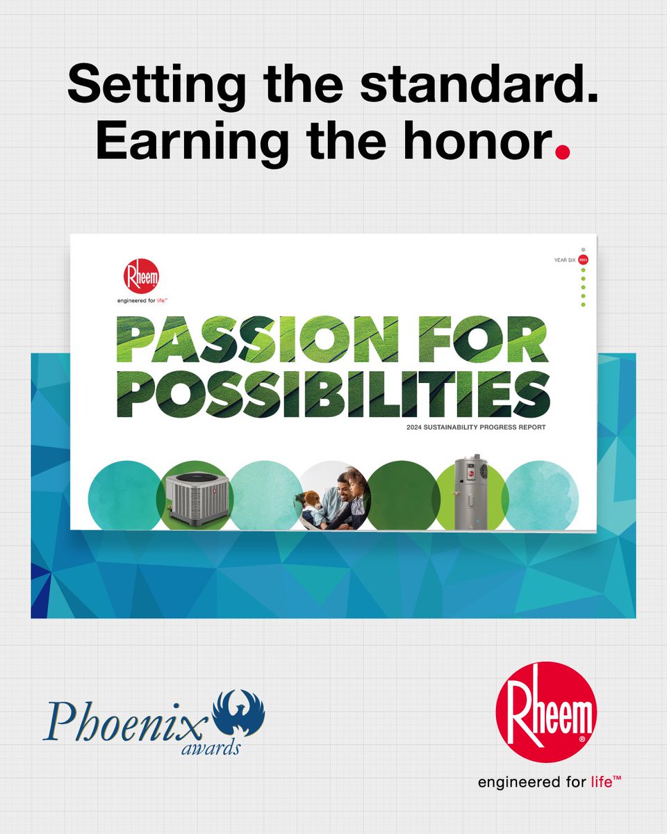 rheem's tweet photo. Rheem’s 2024 Sustainability Progress Report has won @PRSAGeorgia’s 2025 Phoenix Award. Thank you to our global teams and partners for driving meaningful sustainability action every day. #PhoenixAwards #Sustainability #Rheem https://t.co/jlyvCtj045