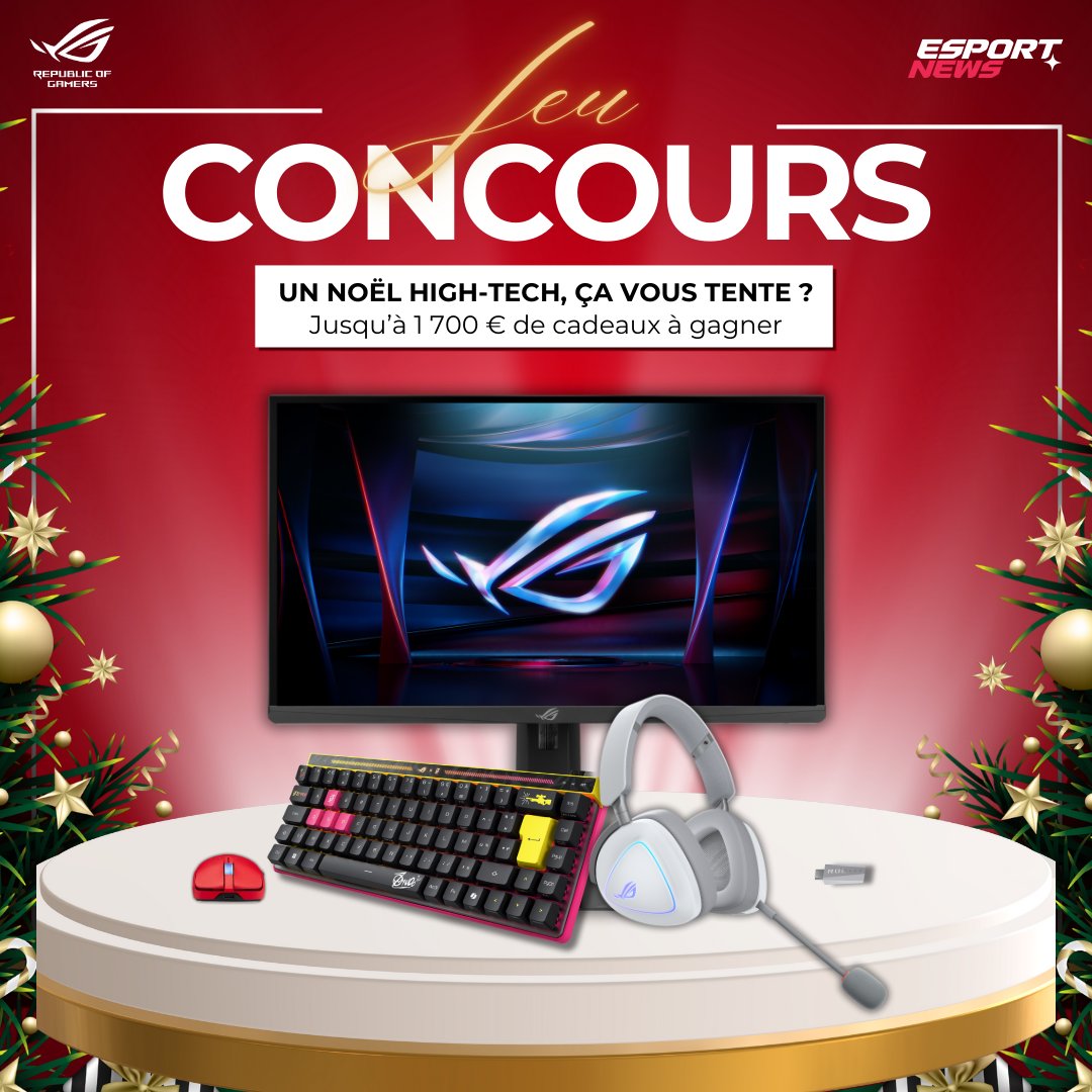 EsportNews_Off's tweet image. 🎅🎁 CONCOURS DE NOËL 🎁🎅

On vous fait gagner le plus gros concours de l’année : un setup complet ASUS ROG (≈ 1 700€) 🔥

Lots à gagner :
⌨️ ROG Falchion Ace HFX ZywOo Edition
🖥️ ROG Strix XG248QSG Ace (610HZ)
🖱️ ROG Harpe II Ace
🎧 ROG Delta II

Pour participer :
Follow…
