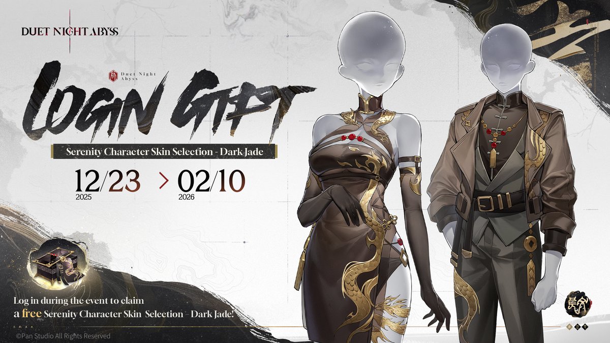 DNAbyss_EN's tweet image. Login Gift | Serenity Character Skin Selection – Dark Jade

✦ Login Gift
During The Wind Awakening – Part I, log in to Duet Night Abyss to claim [Serenity Character Skin Selection – Dark Jade] ×1 for free!

✦ Eligibility
Unlock the [Mail] function.

✦ Download Duet Night Abyss…