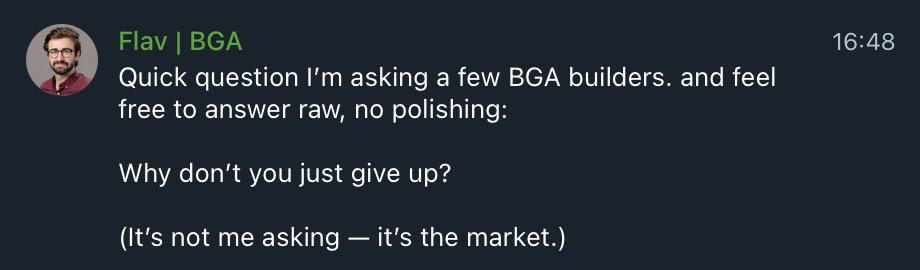 dani_wam's tweet photo. A few days ago, while knee deep in delivery for our V4 update, @FlavienDef  shot a quick DM on Telegram with a simple question: 

I had no idea what this was about but I did know there's a purpose to it so I just shared what is just in our core. 

Just for context, Flav is the Global Business Development Director for @BGameAlliance. This role allows him to have a broader view of the entire GameFi ecosystem so this question made sense.

After I shared my "why" he asked if I'm ok with him sharing this with CT and the answer was HELL YE.

So here it is, unfiltered from a DM. Bottom line is: we won't flinch!

The question: Why don't you just quit?