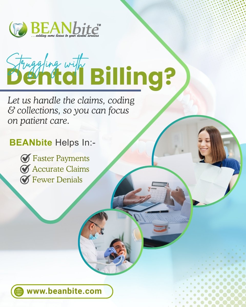 BEANbite's tweet image. 🦷Dental billing stressing you out? 😣
Let BEANbite handle claims, coding &amp;amp; collections—so you focus on patient care 💙
✔ Faster payments 💰
✔ Fewer denials 🚫
✔ Accurate claims ✅
📲 (424) 262-9055 | 🌐 beanbite.com
#dentalbilling #beanbite #cleanclaims