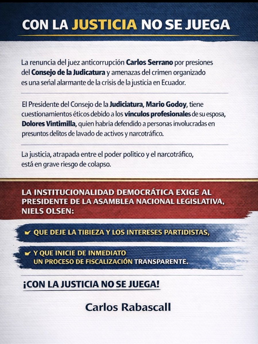 La justicia en el Ecuador está en riesgo.
La renuncia de un juez anticorrupción por presiones y amenazas no es un hecho aislado: es una señal de alarma institucional.
La democracia exige respuestas, no tibieza.
Con la justicia no se juega.