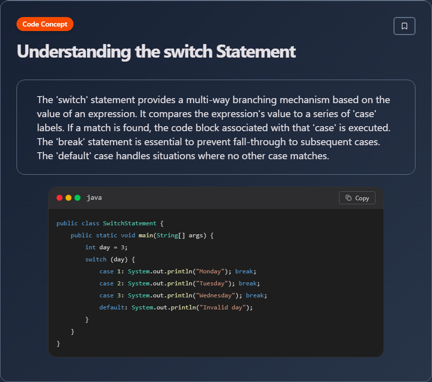 techielearns's tweet image. ✨ Understanding the switch Statement (Java)

Learn more on our app: play.google.com/store/apps/det…

#Java #JavaDev #OOP #Backend #100DaysOfCode #DevLife