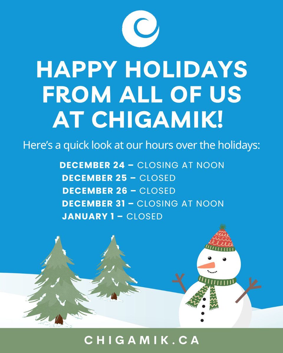 Happy Holidays from all of us at CHIGAMIK! ⛄️

Here’s a quick look at our hours over the holidays:

🎄 December 24 – Closing at noon
🎁 December 25 – Closed
❄️ December 26 – Closed
🎆 December 31 – Closing at noon
✨ January 1 – Closed

#HolidayHours #HappyHolidays #StayHealthy