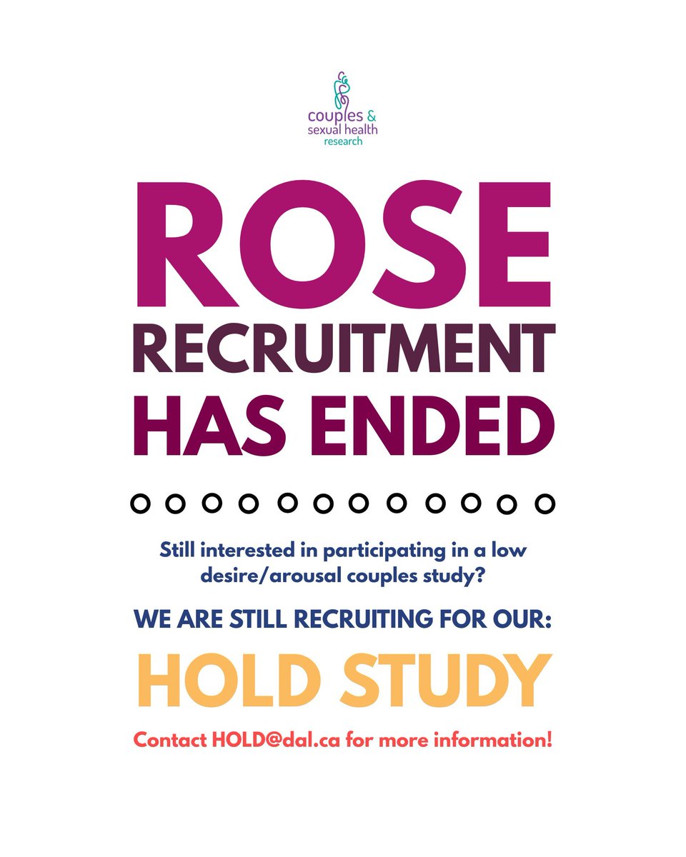 DalCaSHLab's tweet photo. ROSE study recruitment has officially ended!
A big thank you to everyone involved! 💜

Still interested in participating in low desire/arousal couples research?

We are still recruiting for our HOLD study! 🧡
📧 Reach out to HOLD@dal.ca for more information. https://t.co/pxOtvc8XIF