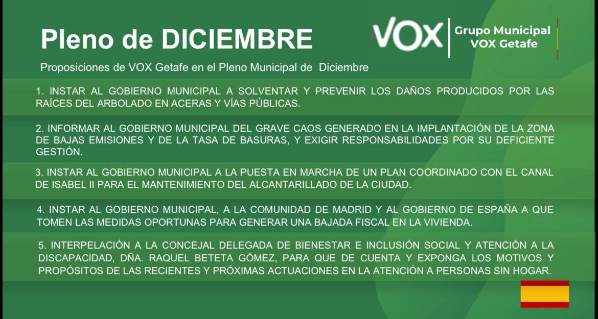 vox_getafe's tweet photo. Propuestas presentadas para el pleno de Diciembre.
Puedes seguirlo en directo el Lunes 22 a partir de las 10:00 horas. 👇👇👇
https://t.co/zx6dv0wpFr

#MadridSurEnPie
#GetafeEnPie 
#SoloQuedaVox https://t.co/1HqEXbF9tO