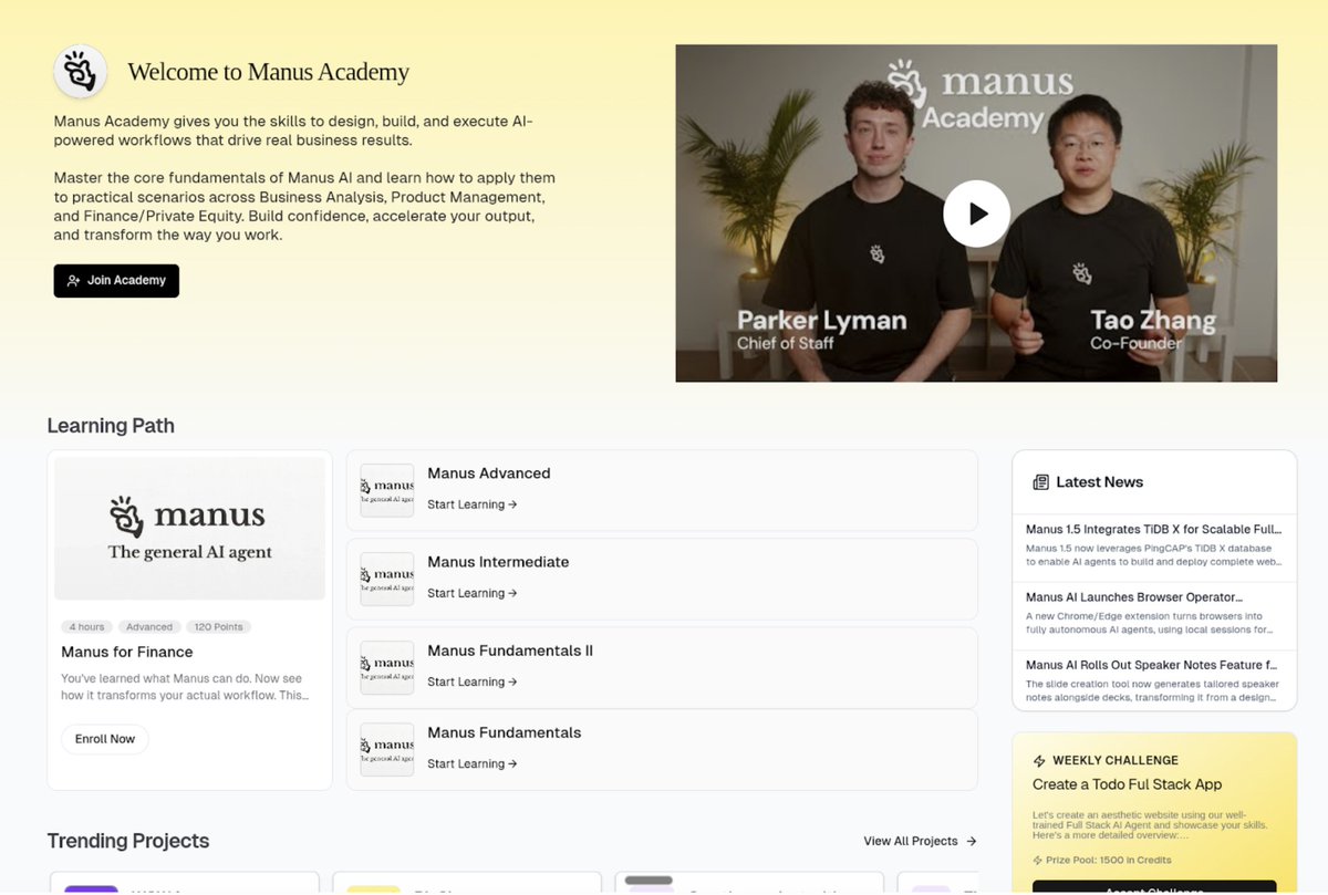 Start your learning journey now: academy.manus.im

🎁 Early Bird perks:
- First 500 sign-ups get 8K Manus credits
- 3 certifications
- Project &amp; use-case library
- Weekly hackathons
- Slack community + mentor channels
- Available in English / Japanese / Portuguese