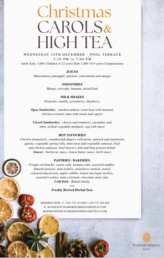 MissMwanyigha's tweet image. To really get in to the heart of the season, visit the @SerenaNairobi for Christmas High Tea on the 24th of December from 5:30pm - 7pm✨✨
Enjoy beautiful Christmas Carols, with delicious sweet &amp;amp; savory treats😋
To book:
📞 +254 732 124 000 / +254 727 282 200
👗 @nobristyle