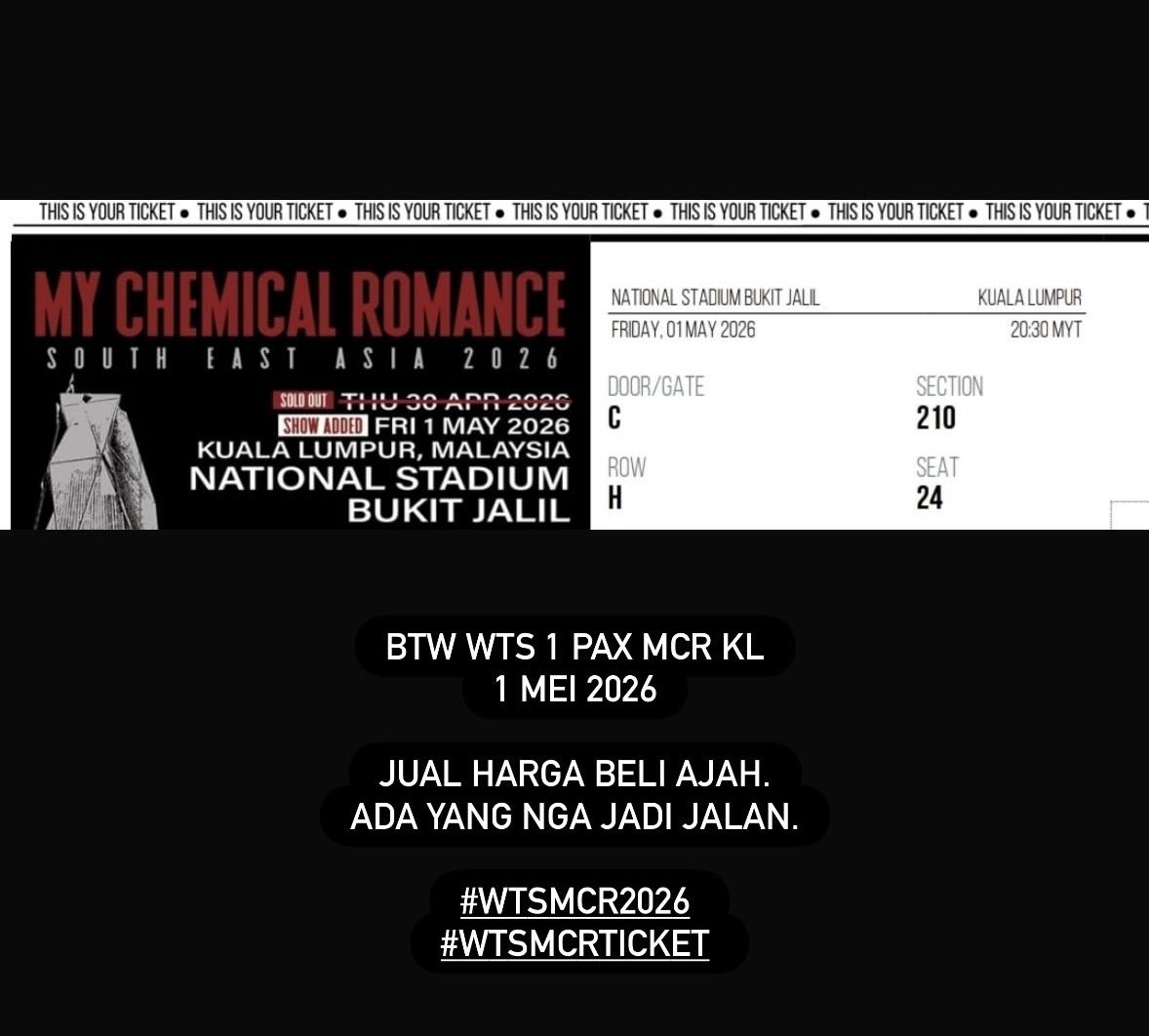 Buyakast's tweet photo. WTS 1 Pax MCR @ Kuala Lumpur 1 May 2026

#WTSMCR #MCRliveinKL https://t.co/yUsBa15ZDA