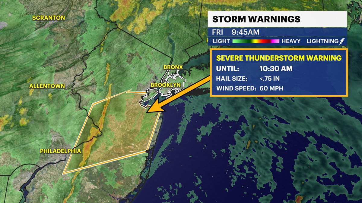 weatherwithhope's tweet image. We’re now watching for the potential of severe weather in NYC. A severe thunderstorm warning is in effect for Central Jersey until 10:30AM. This could get extended into the city within the hour for damaging wind gusts of 60 MPH. Stay tuned for updates!