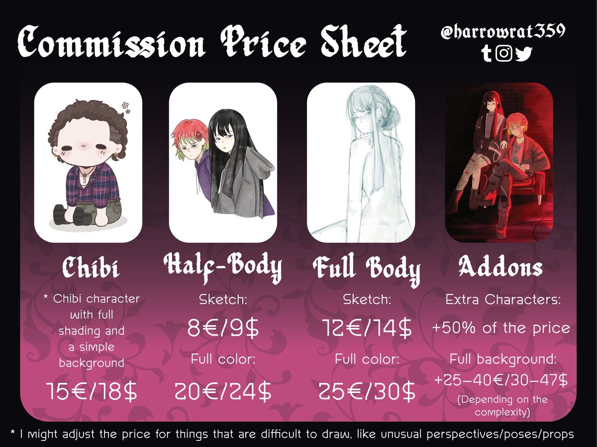 harrowrat359's tweet photo. For the first time, I'm opening up my commissions to save up for a drawing tablet so i can create my art more comfortably 💖 Every bit of help I receive to reach that goal means the world to me. 1/2 https://t.co/2GPvyM5gMG