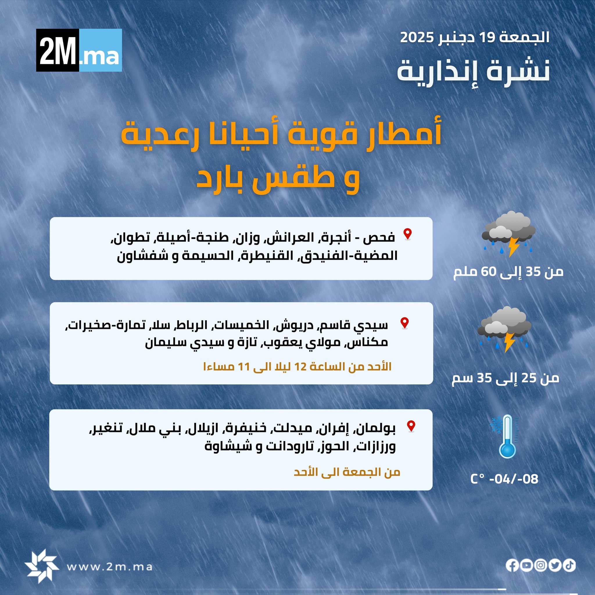 تساقطات ثلجية وأمطار قوية وطقس بارد من الجمعة الى الأحد بعدد من المناطق.. (المديرية العامة للأرصاد الجوية) #نشرة_إنذارية 