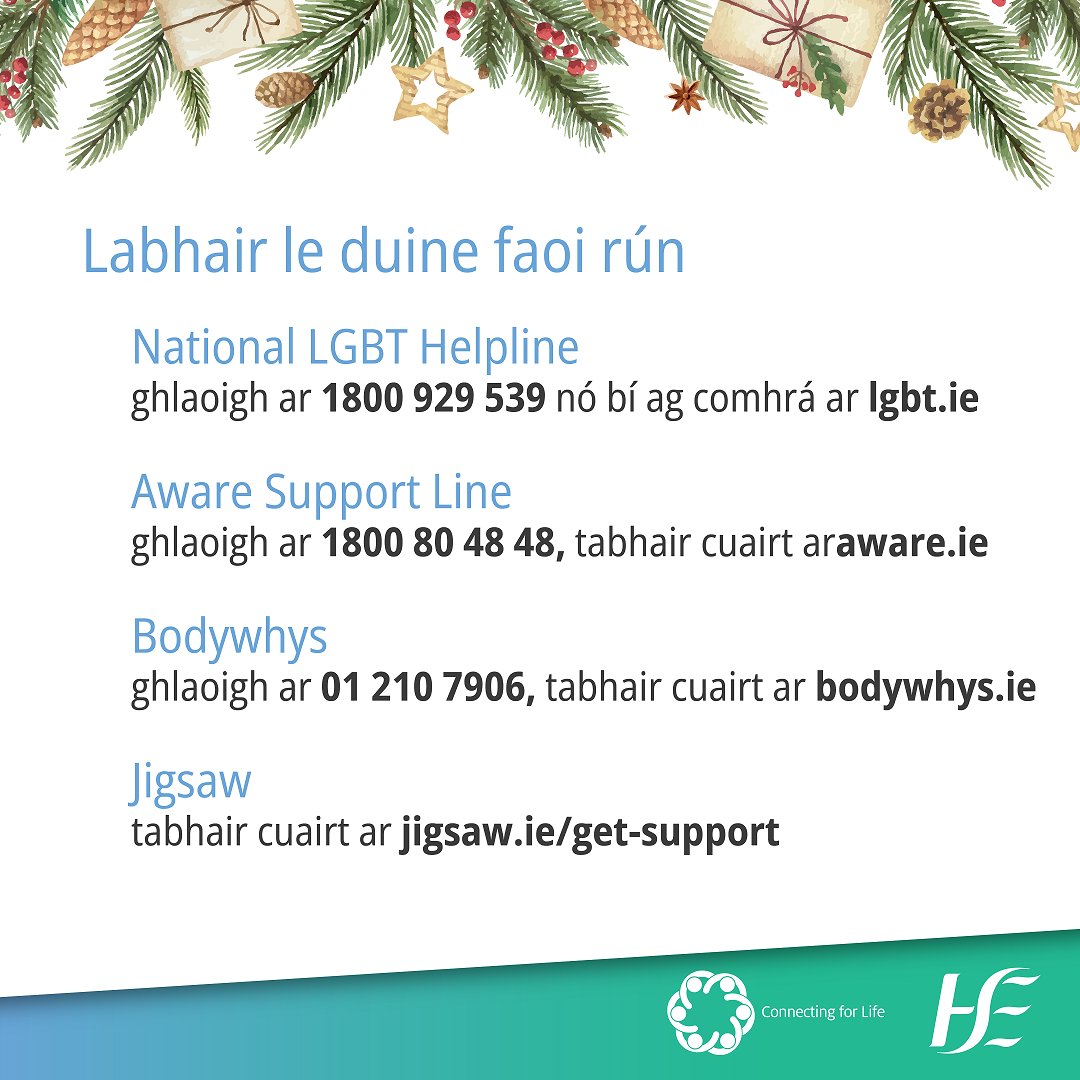 NOSPIreland's tweet photo. Is féidir le Nollag a bheith ina am iontach, ach ní bhíonn sé taitneamhach i gcónaí.

Má tá cabhair uait ar son do mheabhairshláinte le linn an tséasúir saoire, déan teagmháil agus labhair le duine a bhfuil muinín agat iontu, nó faigh tacaíochtaí agus seirbhísí ar ár suíomh láithreán gréasáin https://t.co/pLedCSYtrJ