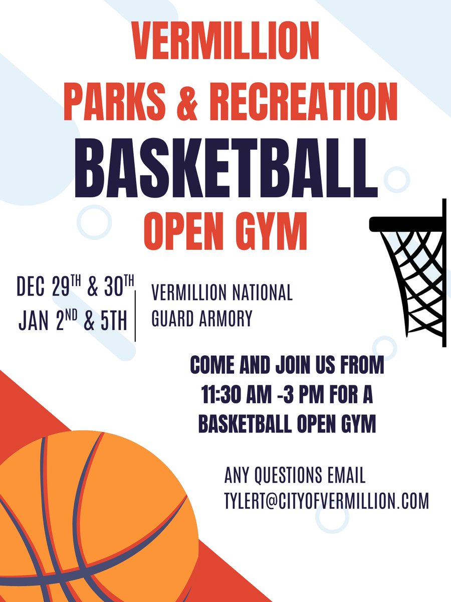 VermParksandRec's tweet photo. Join us on December 29th &amp; 30th and in the new year January 2nd &amp; 5th for basketball open gym times. Any questions email tylert@cityofvermillion.com https://t.co/sjriVChTY1