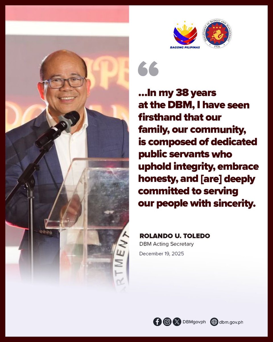 DBMgovph's tweet photo. READ: DBM Acting Secretary Rolando U. Toledo highlighted how he personally witnessed the DBM communityβs commitment to public service for the past decades.
#DBMatWork #BudgetNaTapat https://t.co/5FSsHulfzL