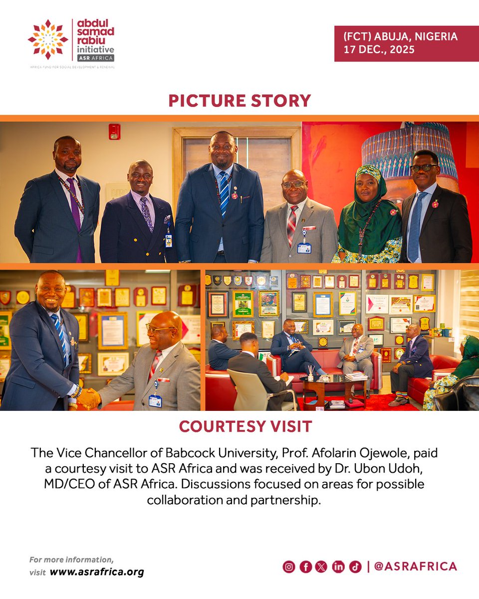 AsRafrica's tweet image. The Vice Chancellor of Babcock University, Prof. Afolarin Ojewole, paid a courtesy visit to ASR Africa and was received by Dr. Ubon Udoh, MD/CEO of ASR Africa. Discussions focused on areas for possible collaboration and partnership.

Cc: @BUAgroup @babcockUni