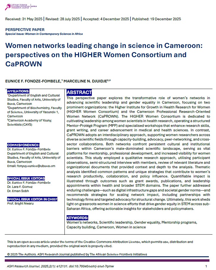 AfricanScience2's tweet image. JUST PUBLISHED

Women networks leading change in science in Cameroon: perspectives on the HIGHER Women Consortium and CaPROWN

BY FONDZE-FOMBELE ET AL.

ASFIRJ link: asfirj.org/content/?sid=3…

DOI link: doi.org/10.70040/asfir…