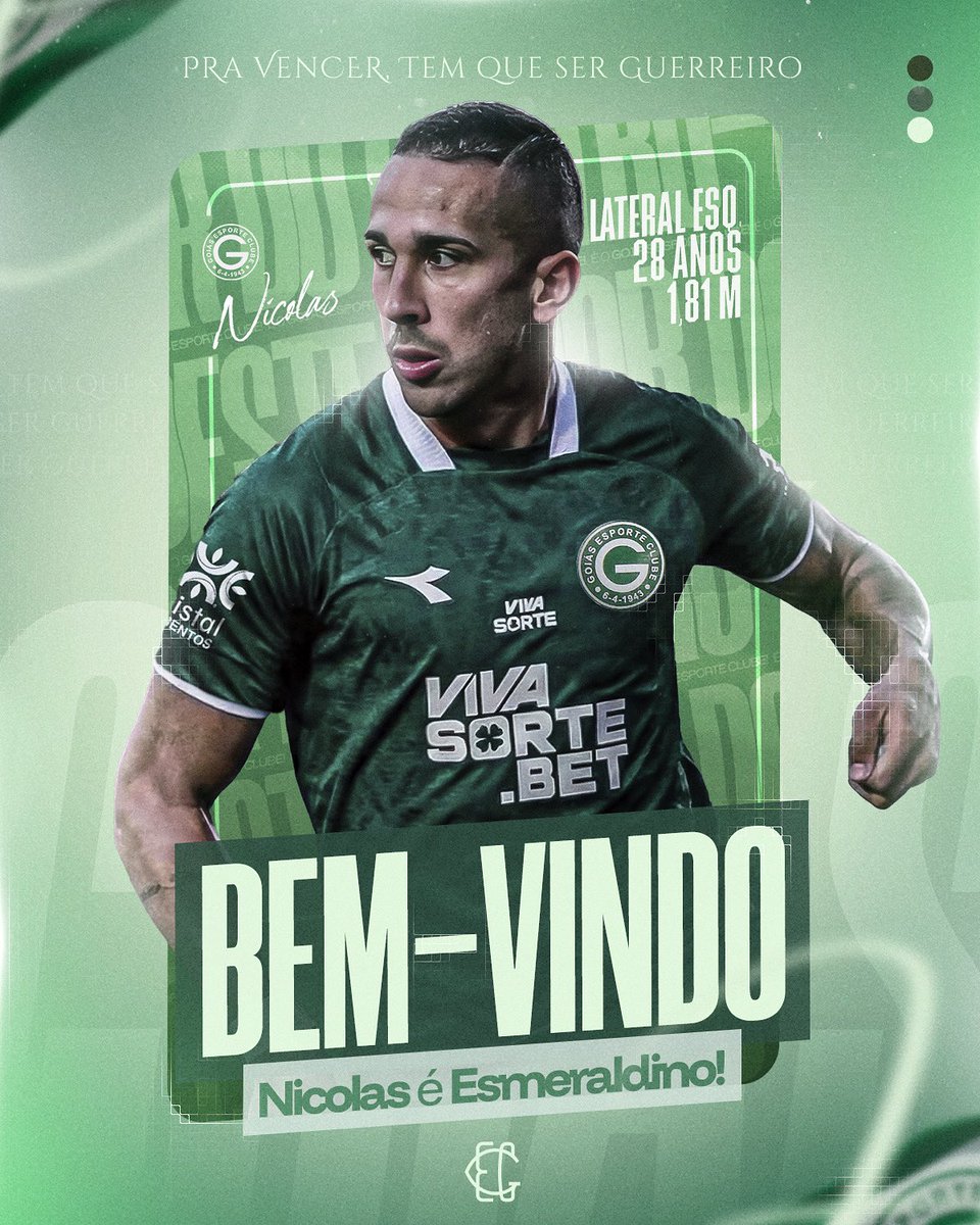 goiasoficial's tweet photo. MAIS UM REFORÇO ESMERALDINO! 🇳🇬

O lateral-esquerdo Nicolas é o novo atleta do Goiás para a temporada 2026. 

Após atuar a última temporada no Ceará, o jogador chega para reforçar o elenco do Maior do Centro-Oeste. 

Bem-vindo, Nicolas! 💚 https://t.co/oQz6TMYCXF