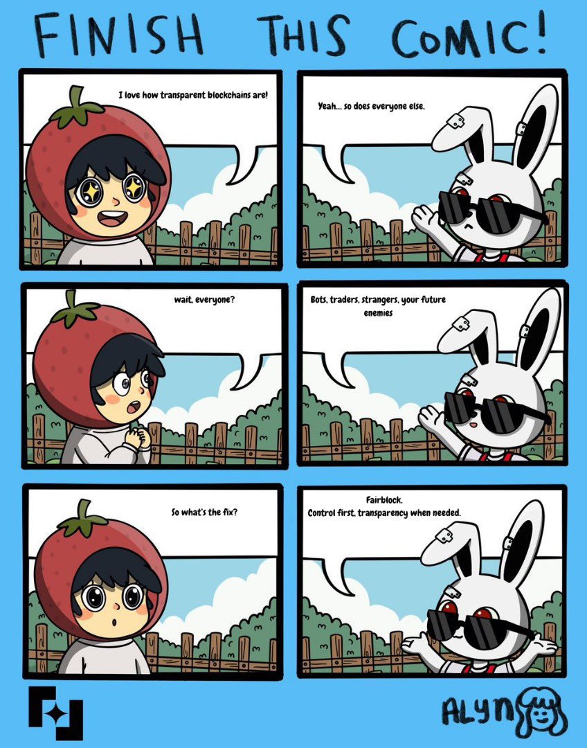 0xalynee's tweet photo. 3 Winners for ‘Finish This Comic!’ Challenge is Out Now!

i love how they put @0xfairblock as transparency when needed, the knowledge knowing when to stay private and also the joke.

Congrats winners, W work.

@kichjiro 
https://t.co/57lyiLff4L

@WizNotkid00 
https://t.co/hEaR5F5hq8

@fachrulfnd 
https://t.co/fK2SkB0DmA

@Pememoni @atomic_kurogane
