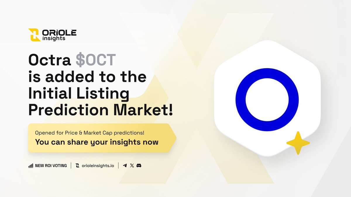 OrioleInsights's tweet image. 🟡 @Octra $OCT is added to the Initial Listing Prediction Market on @OrioleInsights!

📜 About #Octra
Octra is a blockchain with fully homomorphic encryption (#FHE) working to create a universal encrypted computing machine for networks, #AI, and Web3 applications.

📊 Key Metrics…