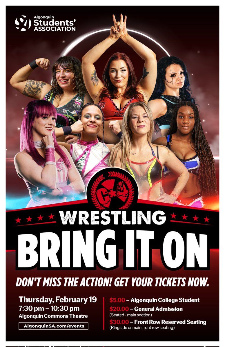 We are thrilled to be returning to the <a href="/ACT_Ottawa/">Algonquin Commons Theatre</a> thanks to the <a href="/AlgonquinSA/">Algonquin Students' Association</a>, on Thursday February 19th!

Join us for our second ever all female supershow!   

Tickets on sale this Monday:
algonquinsa.com/event/c4-wrest…