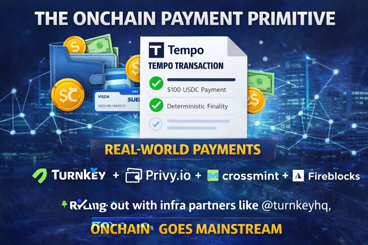 This is a big one 👀

<a href="/tempo/">Tempo</a> just introduced Tempo Transactions — a native onchain transaction type built specifically for real-world payments.

Rolling out with infra partners like <a href="/turnkeyhq/">Turnkey 🔑</a>, <a href="/privy_io/">Privy</a>, <a href="/crossmint/">Crossmint</a>, and <a href="/FireblocksHQ/">Fireblocks</a>.

When payments become a first-class