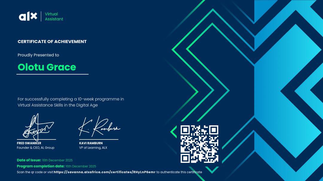 olotugrace42's tweet photo. Congratulations to me ๐ฅIโve just graduated from my virtual assistant course! Feeling accomplished and ready to take on new challenges. Hereโs to the next chapter! ๐โจ #Graduation #VirtualAssistant #NewBeginnings #AlxLevelup https://t.co/bbicWtQTZ0