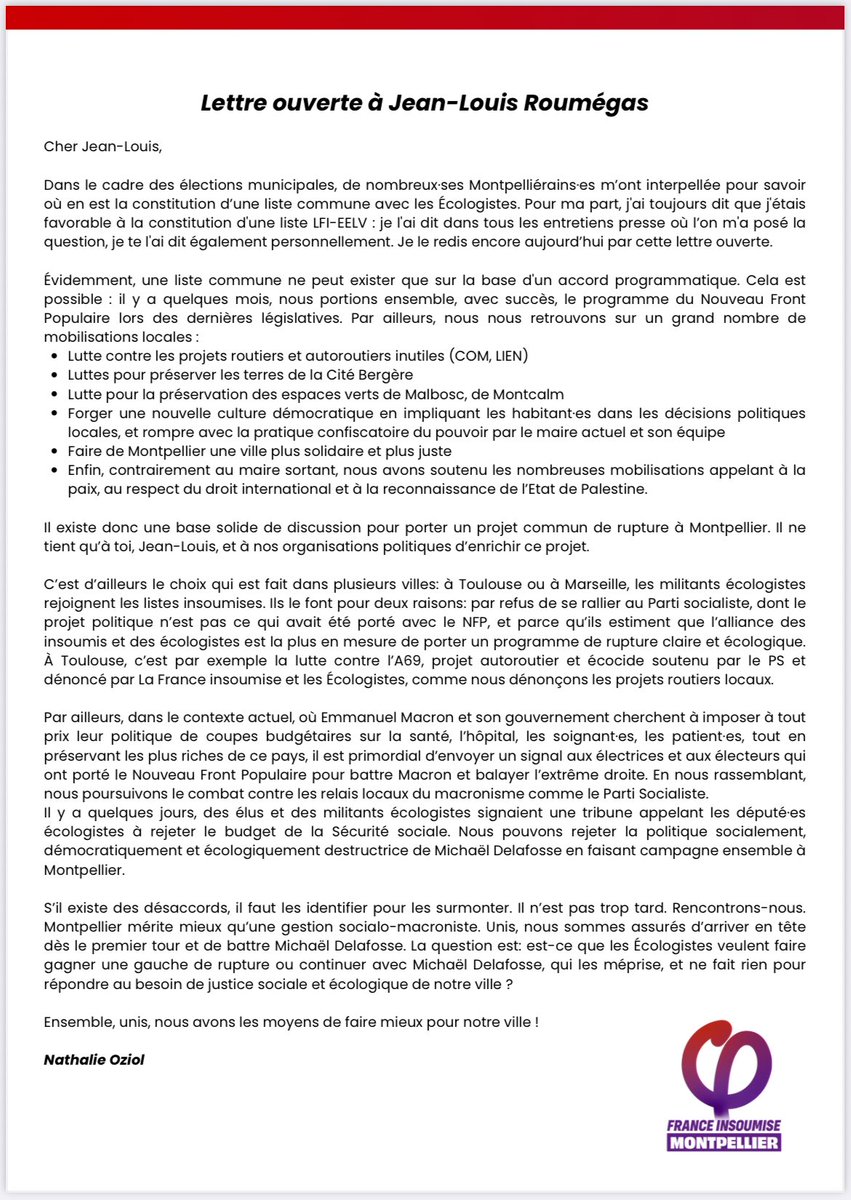 NathalieOziol's tweet image. 🔴 Lettre ouverte à Jean-Louis Roumegas 

Est-ce que les Écologistes veulent faire gagner une gauche de rupture ou continuer avec Michaël Delafosse, qui les méprise, et ne fait rien pour répondre au besoin de justice sociale et écologique à Montpellier?