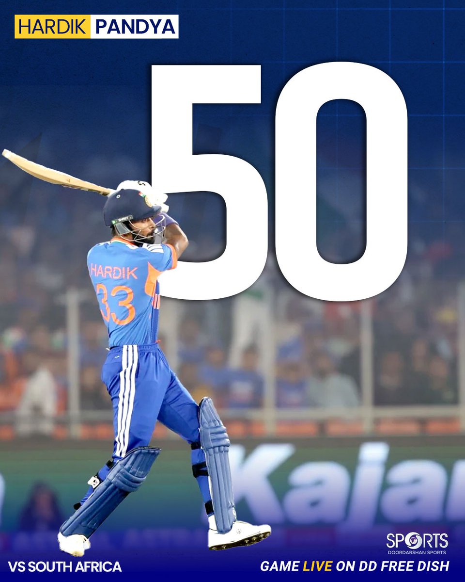 स्पीड + पावर = हार्दिक पांड्या! 🔥

 साउथ अफ्रीका के खिलाफ 5वें T20I में #HardikPandya ने सिर्फ 16 गेंदों में लगाया धमाकेदार अर्धशतक। 🏏

यह टी20 अंतरराष्ट्रीय में किसी भारतीय बल्लेबाज द्वारा बनाई गई दूसरी सबसे तेज फिफ्टी है।

#FastestFifty #INDvSA #T20I #TeamIndia 

<a href="/BCCI/">BCCI</a>