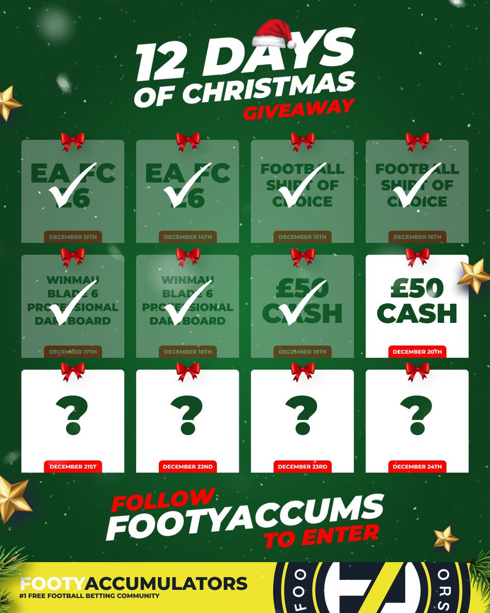FootyAccums's tweet image. DAY 8 OF OUR 12 DAYS OF GIVEAWAYS! 🚨

WIN £50 CASH! 💰

RETWEET &amp;amp; FOLLOW TO ENTER! ✅

Winner picked TONIGHT @ 10pm - good luck! 🙏