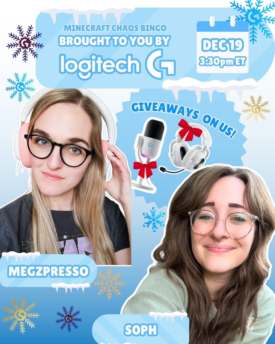 TODAY, GAMERS! Our friends at <a href="/LogitechG/">Logitech G</a> are keepin’ it merry &amp; bright by giving <a href="/theminimegz/">Megz</a> &amp; i the opportunity to bestow some gamer gear &amp; holiday cheer upon you guys 👀🎁❄️ come by our collab today at 3:30pm ET for some minecraft bingo &amp; giveaways! #TistheSeasontoPlay 🎮