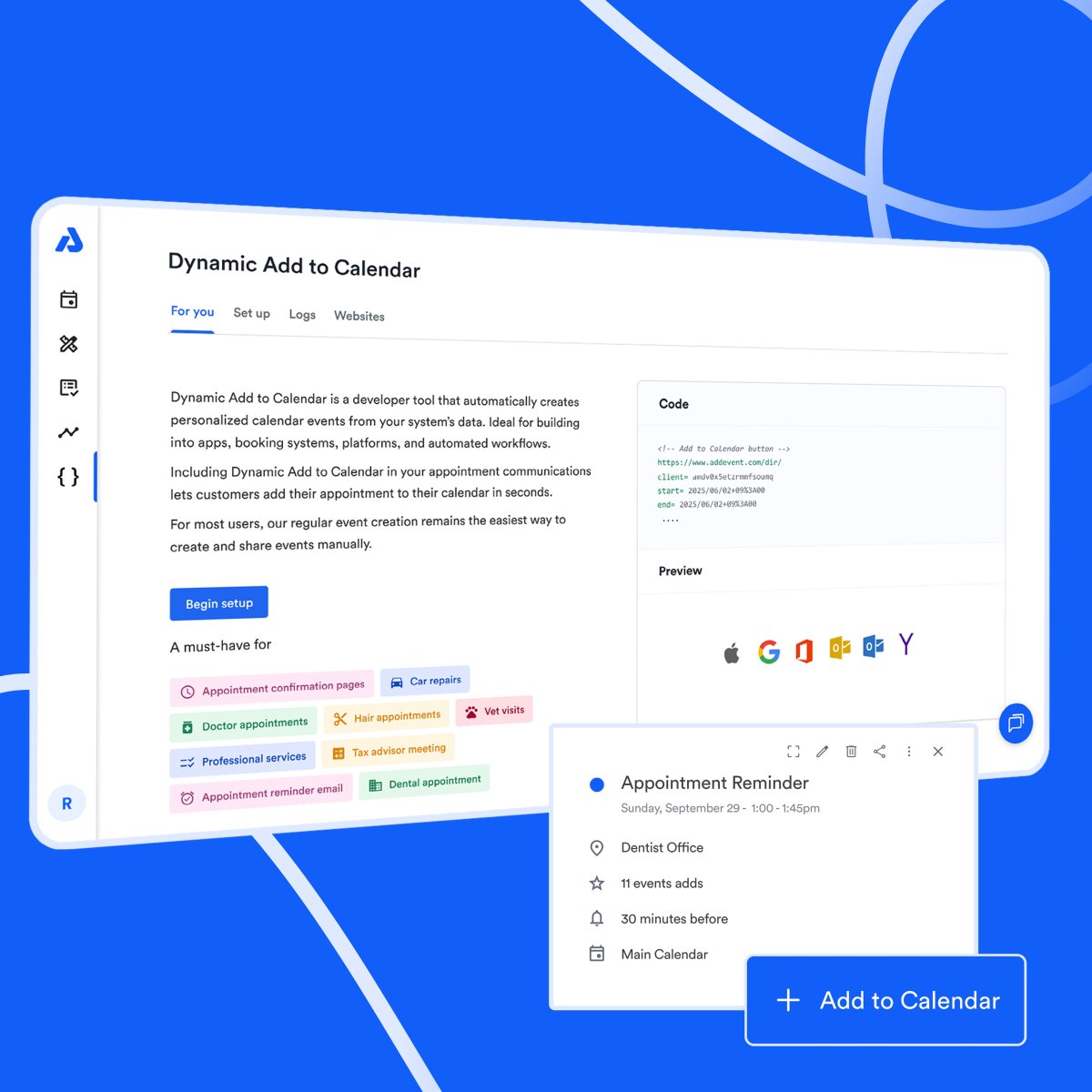 AddEvent_Inc's tweet photo. You may have noticed a new tab in your dashboard. It’s now the easiest way to set up automated 1:1 events like appointment confirmations and reminders. (But for most users, our regular #AddtoCalendar tools are still the simplest option.) 

https://t.co/o4xr9gz01M https://t.co/YBmaVh7VrF
