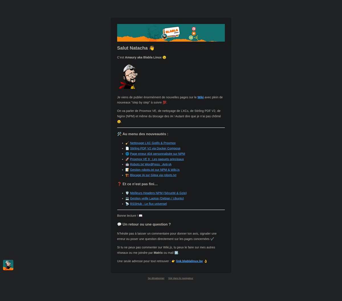 BlablaLinux's tweet photo. La Cyberlettre 2.0 BlablaLinux 😎
Voici un exemple de ce que ça donnera dans votre boîte mail 👇
👉 https://t.co/vnUDC8bYla
#mailing #listmonk #mail https://t.co/sVobnGuWax