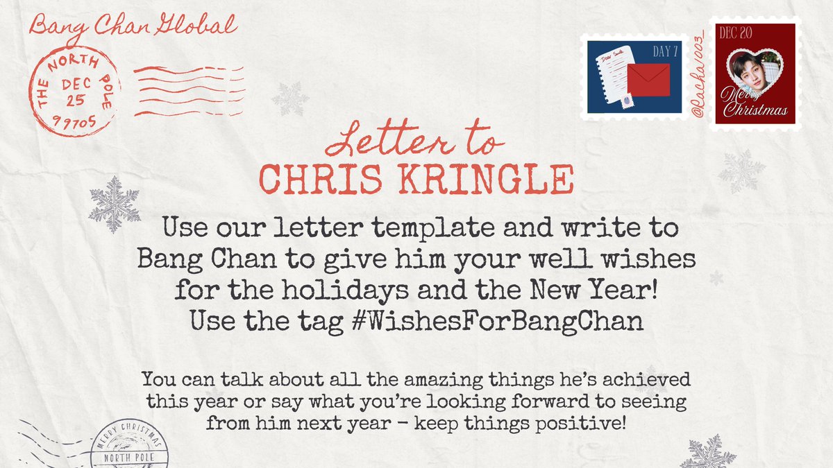 BangChanGlobal's tweet photo. 🎄| DAY 7 💌
Give Bang Chan your well wishes for the holidays and the New Year! ✨🐺
To participate:
📩 Save our letter template in 🧵 below
✍️ Write your message to Chan
📲 Share in the replies/qrts and use the tag #WishesForBangChan
#12DaysofCHRISmas https://t.co/fkKWOyRU0q