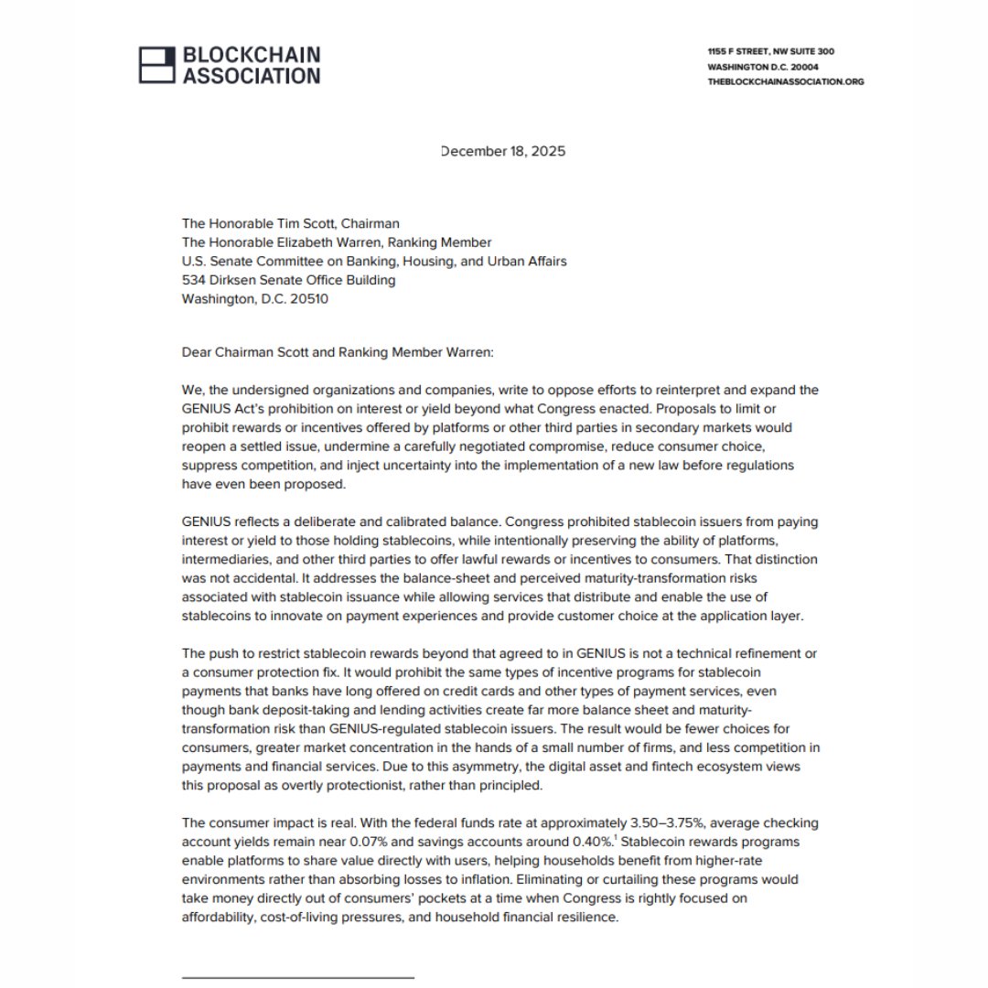 🔴COINTELGRAPH: "Associazioni blockchain e grandi aziende crypto chiedono al Senato USA di non limitare i premi sui stablecoin, sottolineando la loro importanza per la concorrenza."