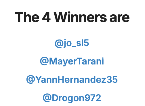 LaTeamBDT's tweet photo. Bravo aux 4 vainqueurs 🎉🎉🎉
Vous serez contacté prochainement en MP avec 10€ offerts 🎁
Merci au logiciel qui semble savoir éviter les bots 😝😍
#TeamBDT #TeamParieur https://t.co/NNGPQ9jVMJ