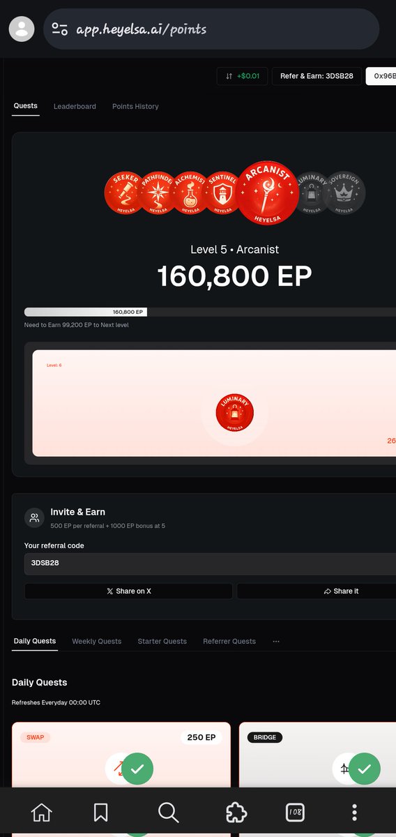 JoshTosco's tweet photo. 99,200Xp left to move to Luminary
@HeyElsaAI, with my current daily capacity, I will achieve this with a month from today..
And ofc if I'm consistent😄😄✅️✅️
@wallchain is also allowing me to ask @HeyElsaAI if there will be other tasks aside from these daily routine of swaps https://t.co/Ri6Jbrymy9