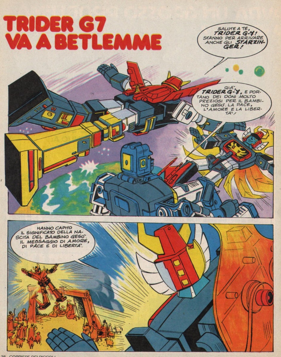 0E3's tweet image. ゴッドシグマ、ゴーディアン、スタージンガーらも次々と現れ、ビッグ・ダイエックスは、生まれたばかりのイエスが寒がらないよう、Xレイを照射し温める。こうして集まったロボ達は「メリークリスマス」を唱え、宇宙には平和がもたらされた。

#世界海賊版マンガ大全