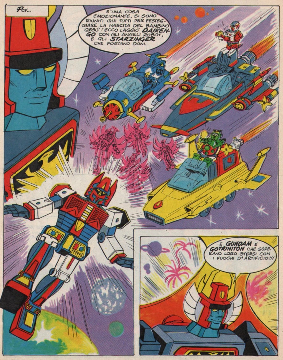 0E3's tweet image. ゴッドシグマ、ゴーディアン、スタージンガーらも次々と現れ、ビッグ・ダイエックスは、生まれたばかりのイエスが寒がらないよう、Xレイを照射し温める。こうして集まったロボ達は「メリークリスマス」を唱え、宇宙には平和がもたらされた。

#世界海賊版マンガ大全