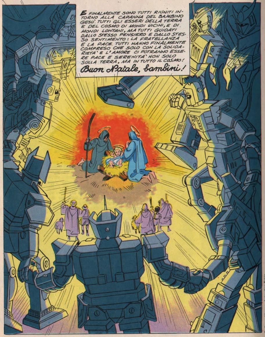 0E3's tweet image. ゴッドシグマ、ゴーディアン、スタージンガーらも次々と現れ、ビッグ・ダイエックスは、生まれたばかりのイエスが寒がらないよう、Xレイを照射し温める。こうして集まったロボ達は「メリークリスマス」を唱え、宇宙には平和がもたらされた。

#世界海賊版マンガ大全