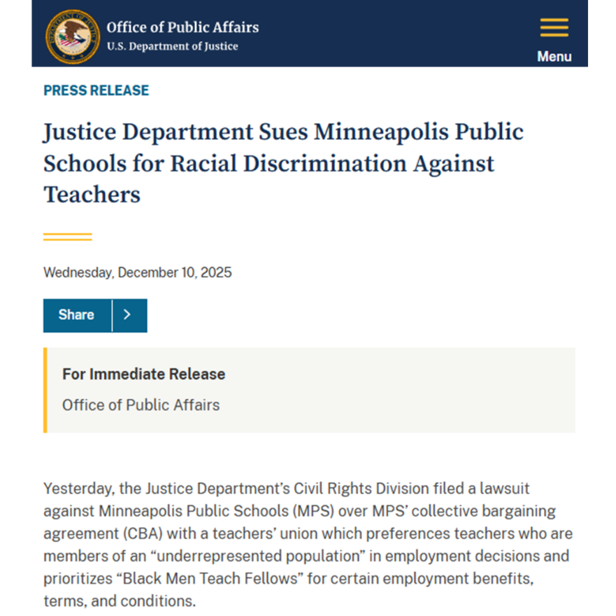 Minneapolis Schools SUED over alleged ANTI-WHITE DISCRIMINATION

The DOJ has launched a lawsuit against Minneapolis Public Schools over a policy that shields "teachers of color" from layoffs and requires the district to rehire them first.

The lawsuit also claims that members of