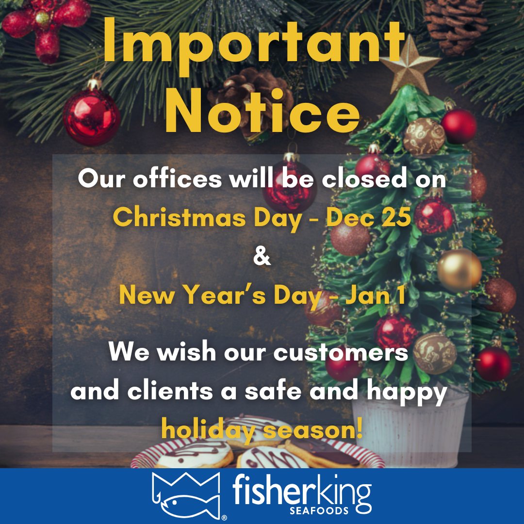 Happy Holidays from Fisher King!

Please note that during the holidays our offices will be closed on Christmas Day🎄 and New Year’s Day🎉

Fisher King Seafoods wishes our customers and clients merry Christmas and a happy holiday season!

See you all in the new year.