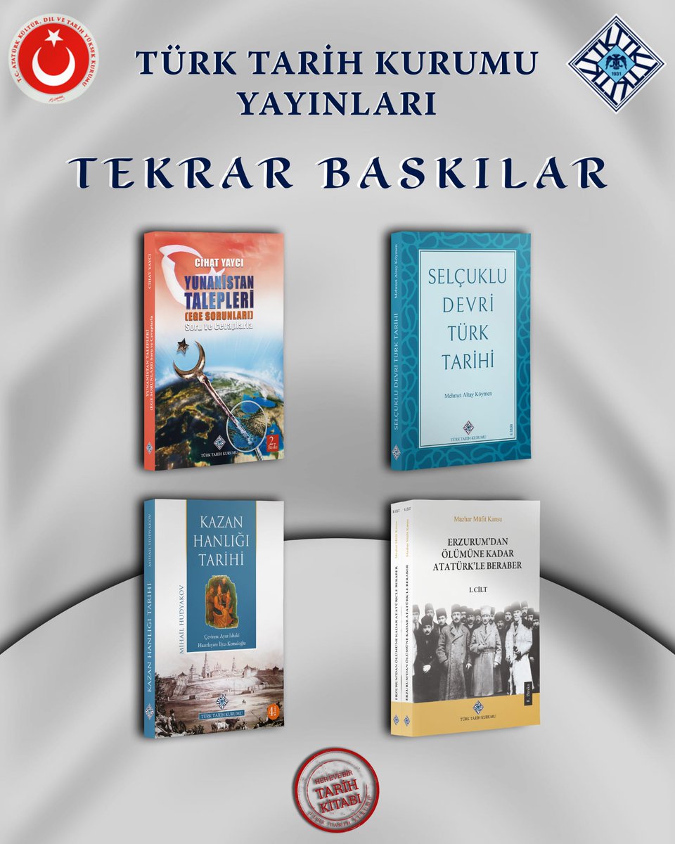 Yeni yayınlardan tekrar baskısı yapılanlara 12 eseri okurla buluşturduk. 
#TTKyayınları
#HerEveBirTarihKitabı