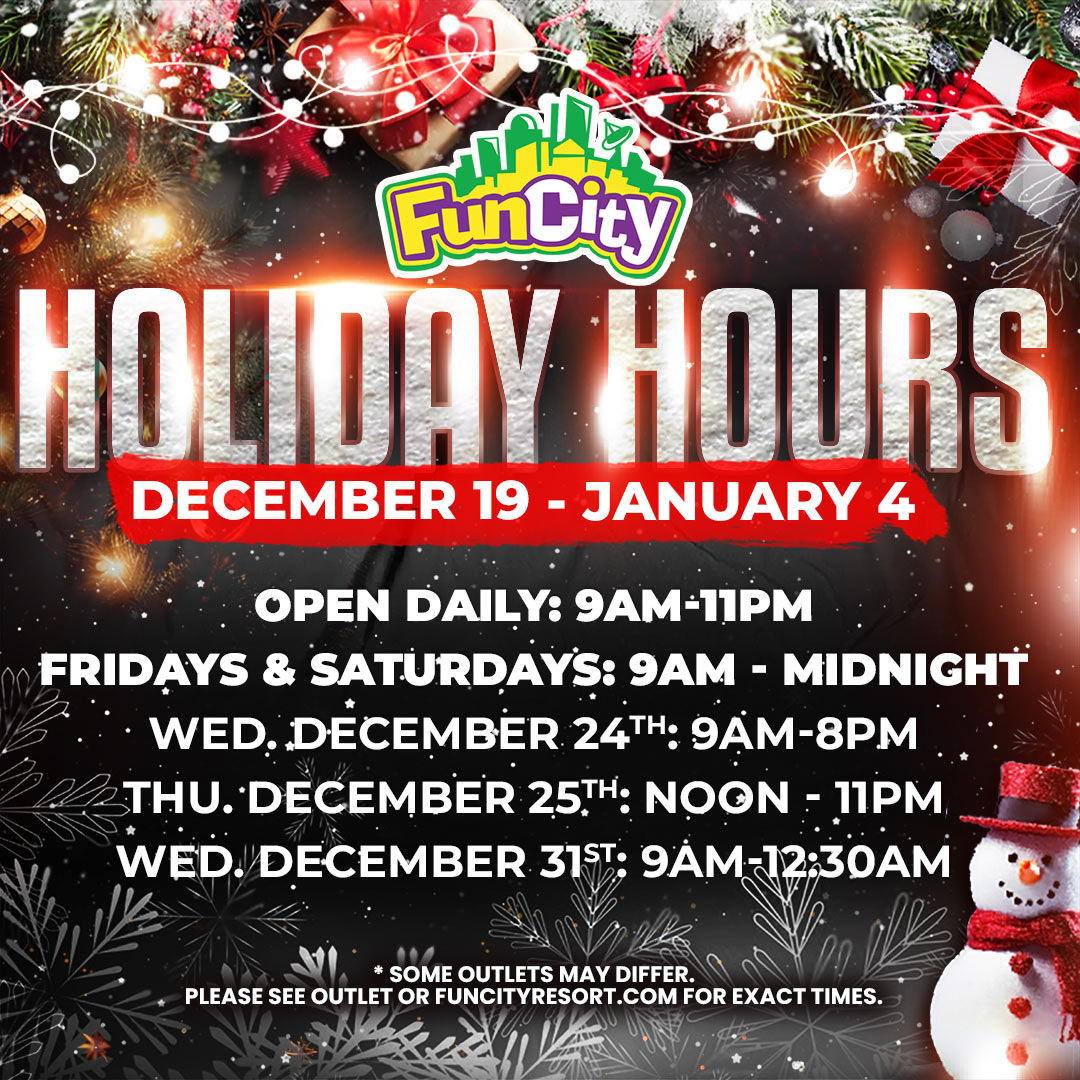 FunCityIA's tweet image. FunCity Holiday Hours start today! 
* Some outlets may differ. Please see outlet or for full facility hours visit funcityresort.com/hours/
