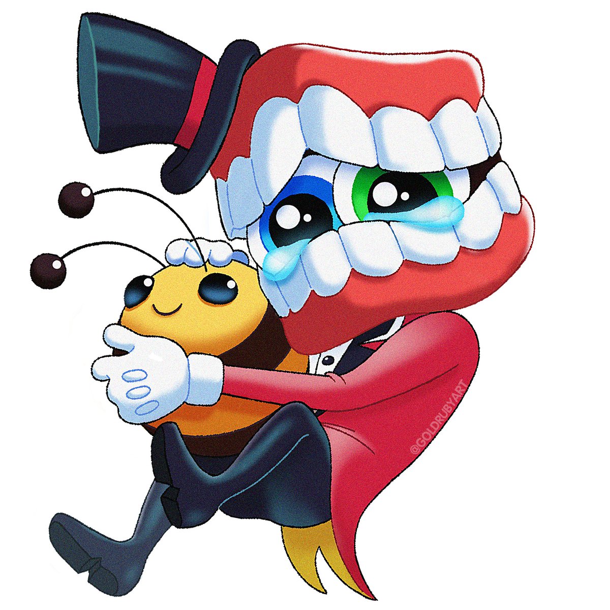 GoldRubyArt's tweet photo. need confirmation that Caine has an emotional support bee plush for emergencies ... like creating an angry mob for example! 
🎩🐝🫧🍤

#cainetadc #bubbletadc #tadc #theamazingdigitalcircus #TADCEp7 https://t.co/bI57ut5LGv
