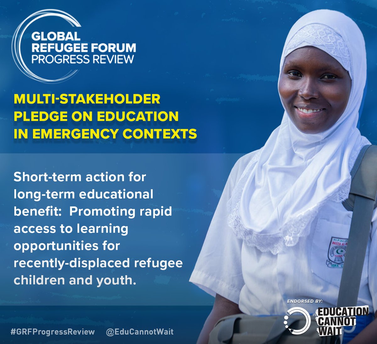 EduCannotWait's tweet photo. 📣 Update on @EduCannotWait's Global #RefugeeForum multi-stakeholder pledge on #EducationInEmergencies:
#ECW’s model is designed to minimize the time children affected by sudden displacement are out of school. In the first half of its 2023-2026 Strategic Plan, ECW-supported programmes have reached 3.5M forcibly displaced children (51% girls).
Rapid access to learning remains central to ECW’s #GRF commitments.
#GRFProgressReview @Refugees @UNHCR_Education