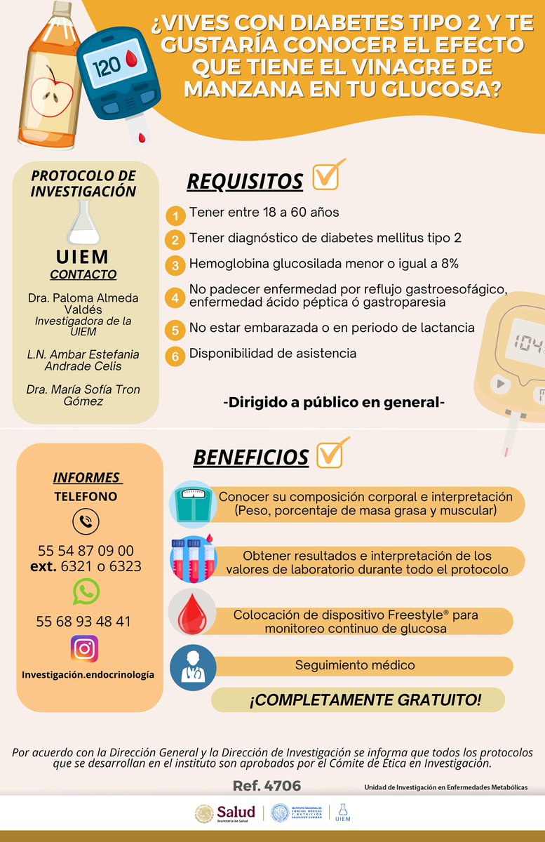 incmnszmx's tweet photo. Te invitamos a participar en el protocolo de investigación; ¿Vives con diabetes tipo 2 y te gustaría conocer el efecto que tiene el vinagre de manzana en tu glucosa?
Si cumples con los requisitos, participa.
Protocolo y cartel aprobado por el Comité de Ética y de Investigación. https://t.co/PfQTT7XnEL