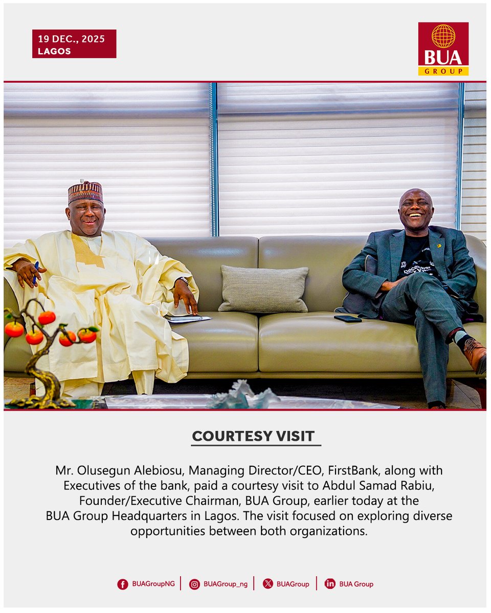 BUAgroup's tweet image. Mr. Olusegun Alebiosu, Managing Director/CEO, @FirstBankngr, along with Executives of the bank, paid a courtesy visit to Abdul Samad Rabiu, Founder/Executive Chairman, BUA Group, earlier today at the BUA Group Headquarters in Lagos. 

The visit focused on exploring diverse…