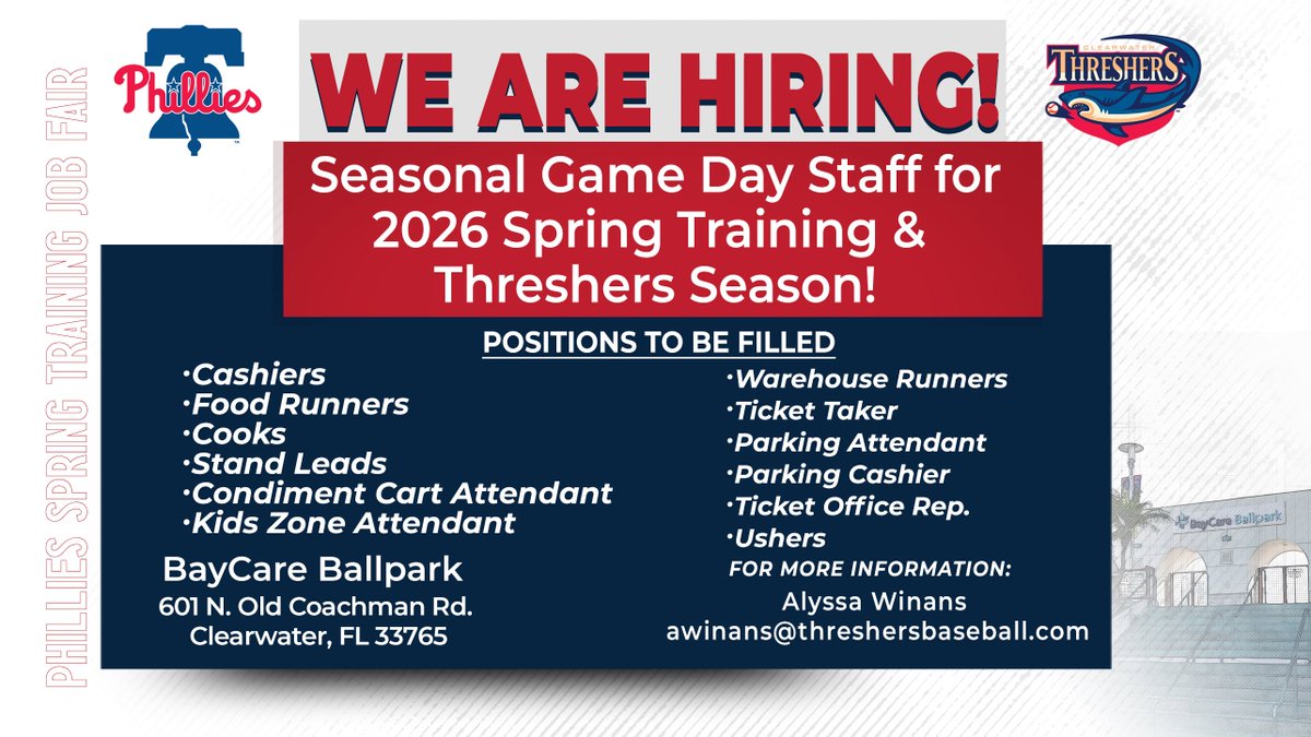 Threshers's tweet image. Our next job fairs are:

Wednesday, January 7th, 1-4p
Thursday, January 8th, 2-5p
Saturday, January 10th, 10a-1p

Come out and join our team for Spring Training and Threshers Season 🍔